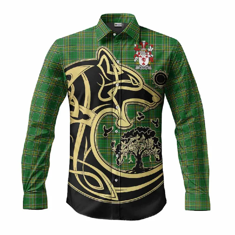Beamish Irish Tartan Long Sleeve Button Shirt with Coat of Arms Celtic Wolf Style