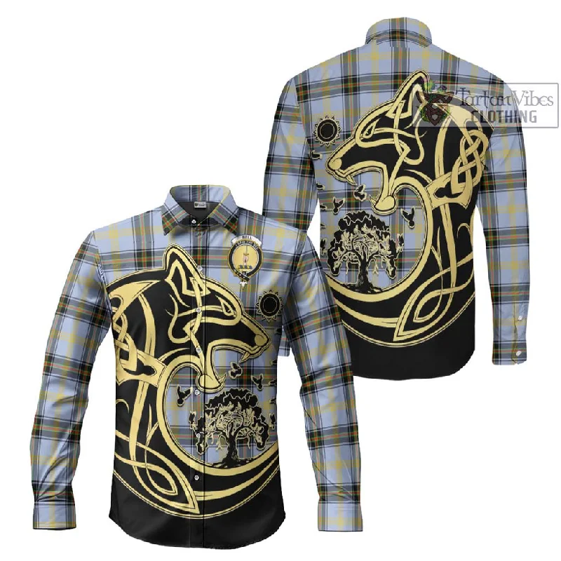 Bell Tartan Long Sleeve Button Shirt with Family Crest Celtic Wolf Style