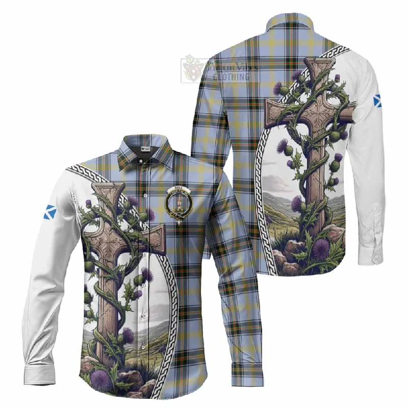 Bell Tartan Long Sleeve Button Shirt with Family Crest and St. Andrew's Cross Accented by Thistle Vines