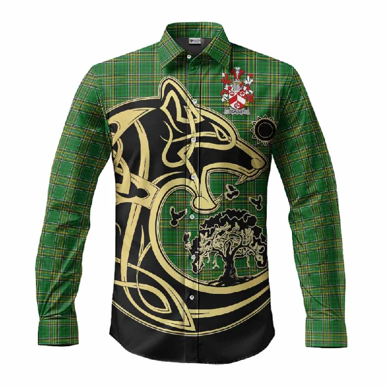 Beasley Irish Tartan Long Sleeve Button Shirt with Coat of Arms Celtic Wolf Style