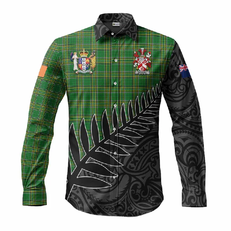 Beasley Irish Clan Tartan Long Sleeve Button Shirt with Coat of Arms New Zealand Silver Fern Half Style