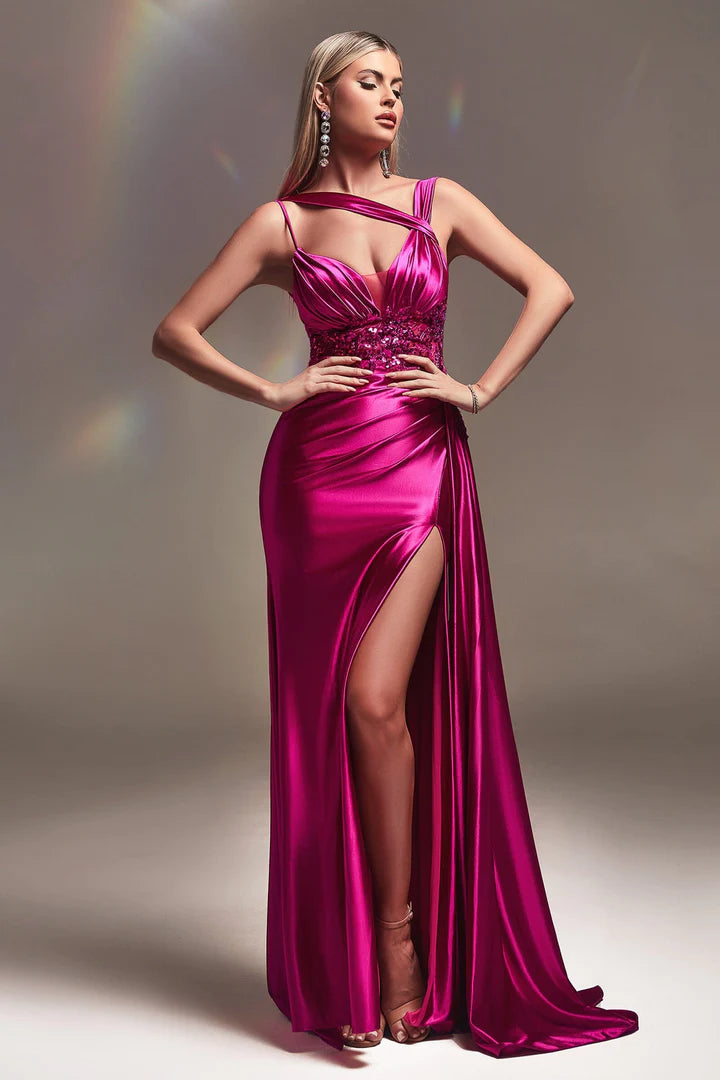 Cinderella Divine LACE EMBELLISHED SATIN SLIT GOWN CDS415
