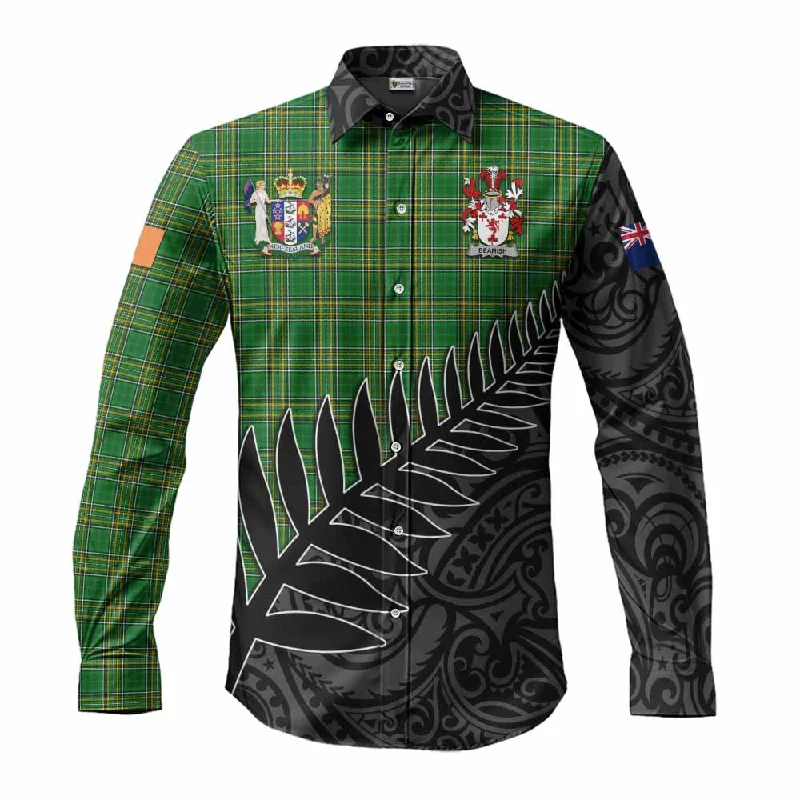 Beamish Irish Clan Tartan Long Sleeve Button Shirt with Coat of Arms New Zealand Silver Fern Half Style