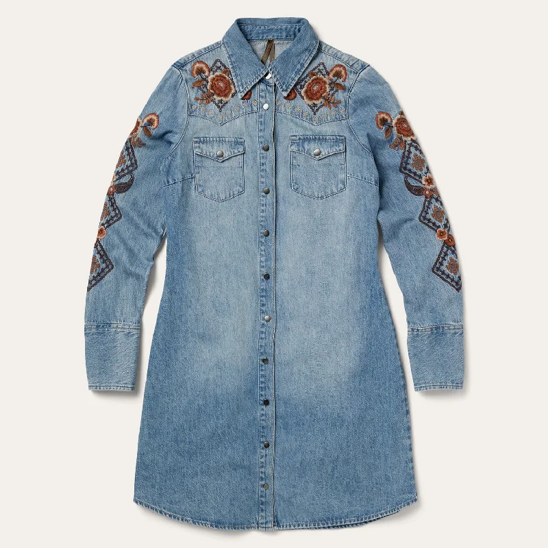 Floral Embroidered Denim Shirt Dress Winter mini dresses