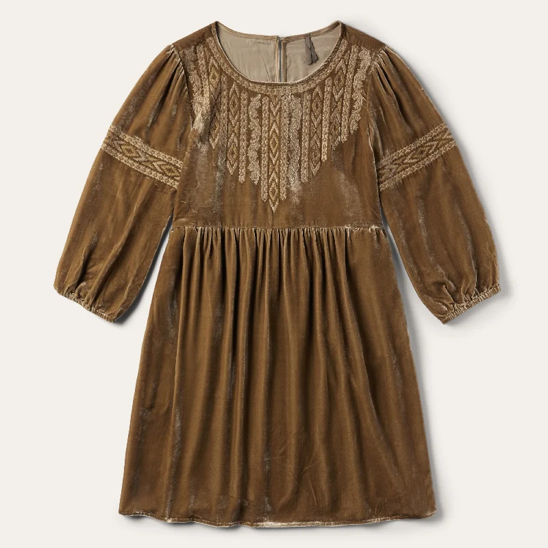 Khaki Velvet Babydoll Dress Cute floral print mini dresses