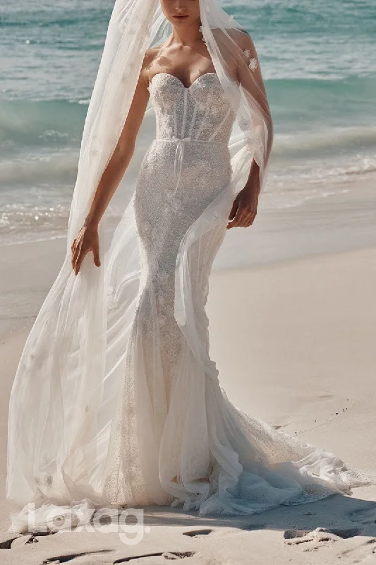 23016 - Sweetheart Fully Sequins Floral Embossed Mermaid Wedding Dress with Train Simple Satin Gown
