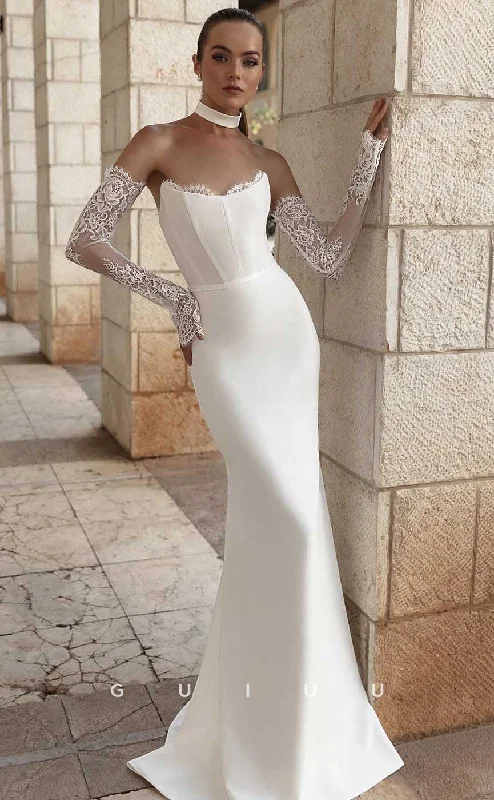 GW839 - Boat Neck Long Lace Sleeves Stain Mermaid Wedding Dress Romantic Satin Dress