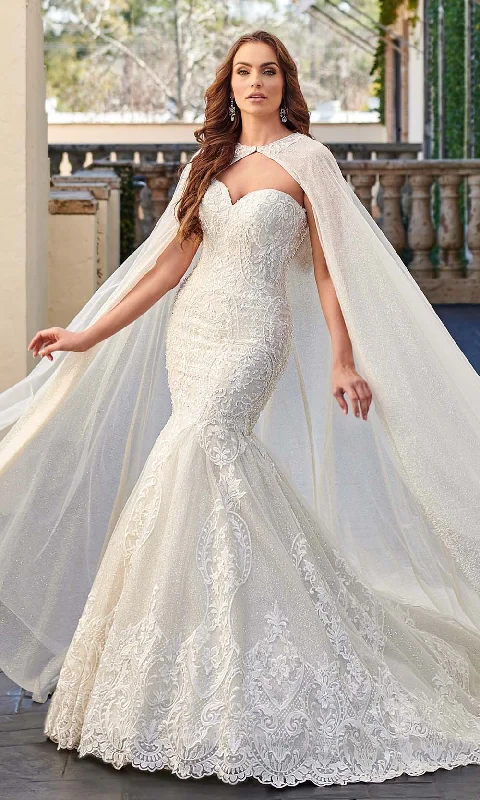 Rachel Allan - M781 Embroidered Lace Mermaid Wedding Gown With Cape Ruffle Wedding Gown