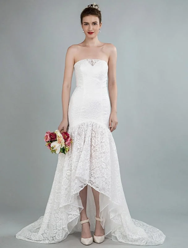 Simple Wedding Dress Strapless Sleeveless Lace Mermaid Bridal Gowns With Train Illusion Neckline Gown
