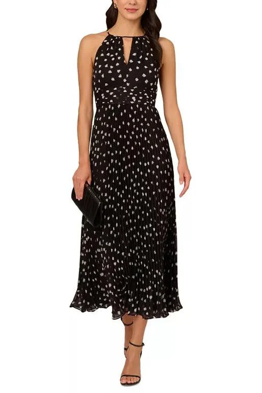 Adrianna Papell Dot-Print Pleated Midi Dress Strapless midi dresses