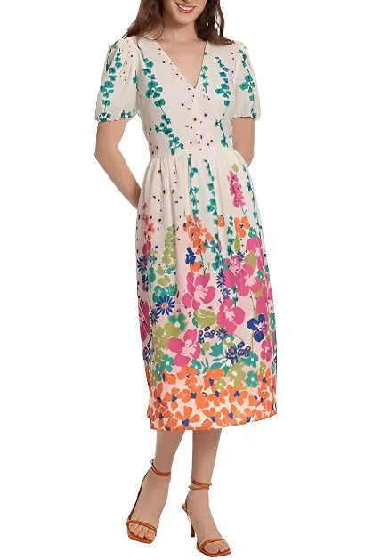 Donna Morgan Floral V-Neck Puff Sleeve Midi Dress Best midi dresses for formal events