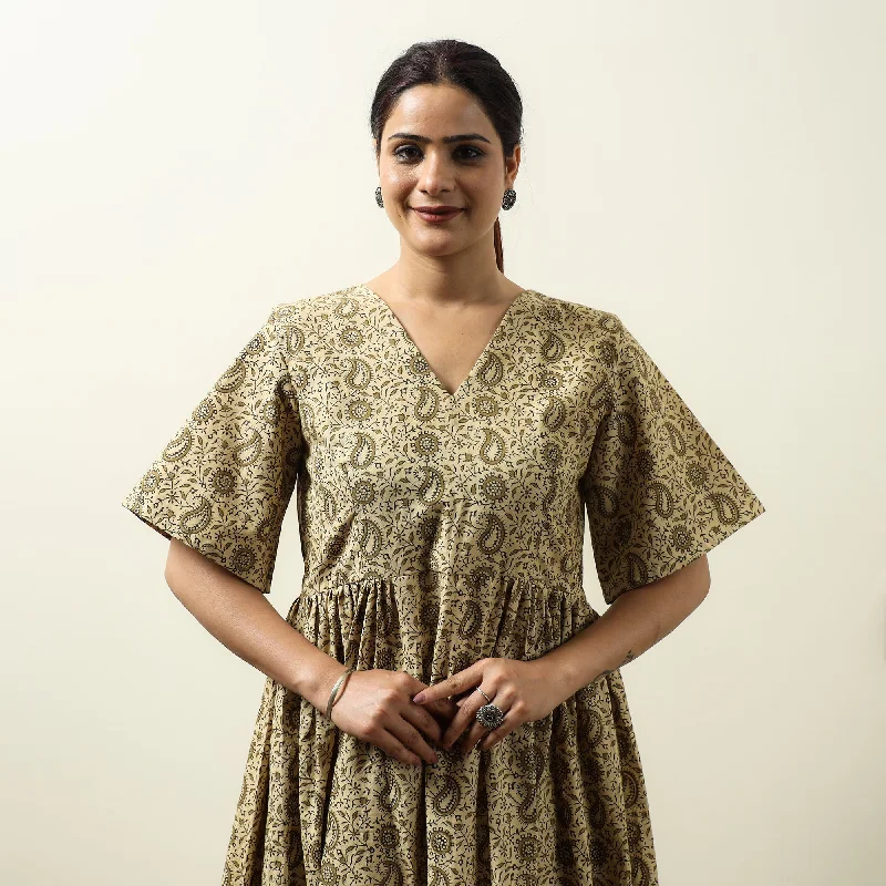 Beige - Kalamkari Block Printed Cotton Flared Gher Dress 03 Flattering floral dresses for all body types