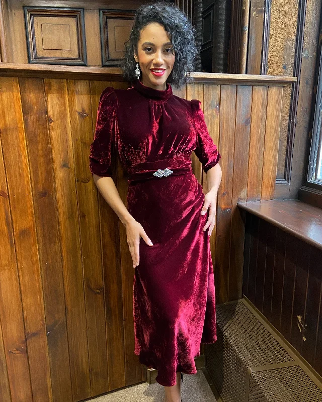 30s Cherry Velvet Loretta Bias Dress Lace unclassified dresses