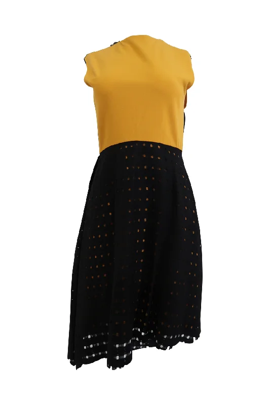 Sleeveless Yellow Dress With Black Layered Holes Silk unclassified dresses