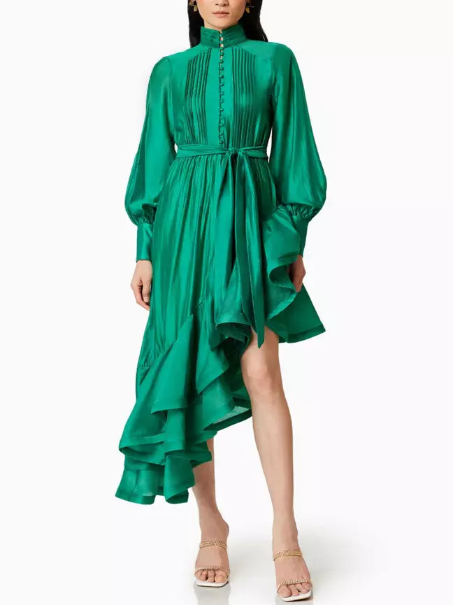 Asymmetrical Pleat-Paneled Ruffled Tie-Waist Dress in Green Pastel unclassified dresses