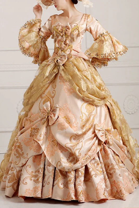 Beige/Golden Trumpet Sleeves High Waisted Embroidery Print Bowknot Multi-Layer Victorian Lolita Prom Dress Long sleeve unclassified dresses Beige/Golden Trumpet Sleeves High Waisted Embroidery Print Bowknot Multi-Layer Victorian Lolita Prom Dress Long sleeve unclassified dresses