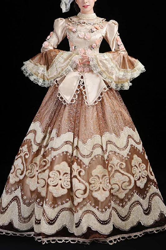 Champagne Multi-Layer Hime Sleeves High Waisted Hollow Embroidery Three-Dimensional Flower Print Victorian Lolita Prom Dress Elegant unclassified dresses