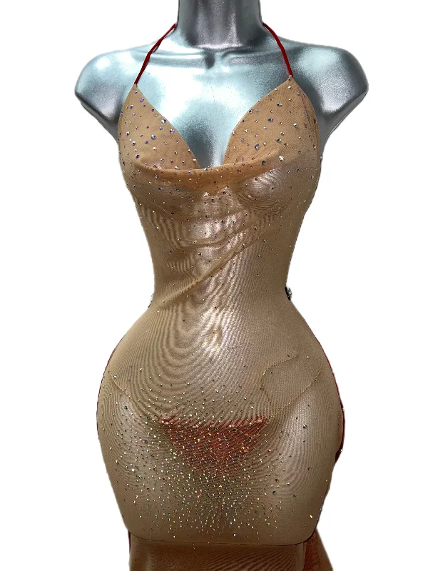 NUDE SHEER NUDE DRESS WITH COVERED RED BACK Smocked unclassified dresses