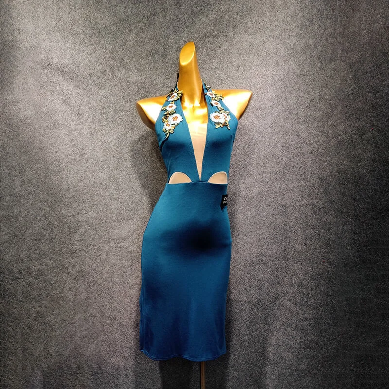 Halter Neck Sleeveless Latin Dress with Embroidery Velvet unclassified dresses