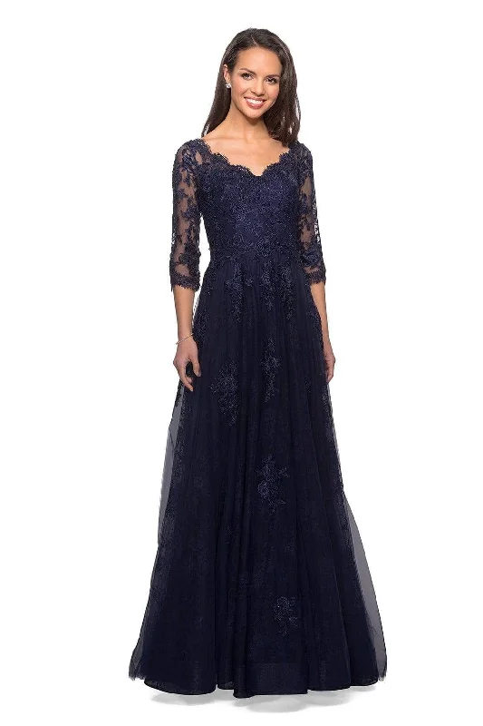La Femme - 26959 Embroidered Scalloped V-Neck Dress Satin unclassified dresses