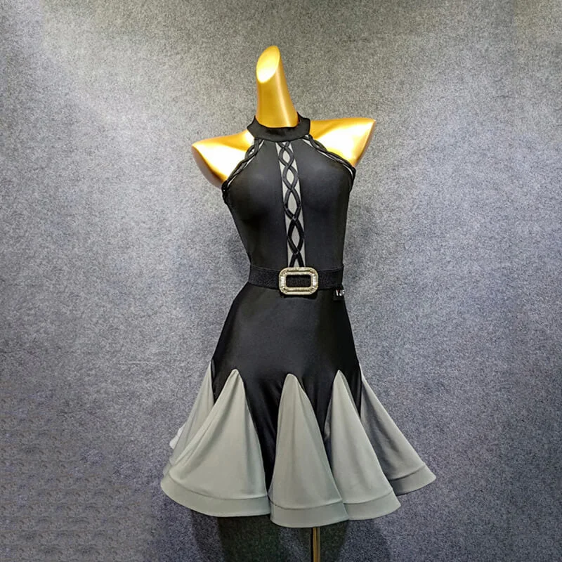 Round Neck Sleeveless Latin Dress with Belt Denim unclassified dresses