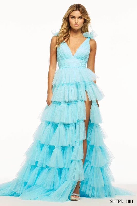 Sherri Hill 56066 - V-Neck Ruffle Ballgown Satin unclassified dresses