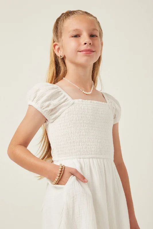 Textured Puff Sleeve Smocked Dress Backless unclassified dresses