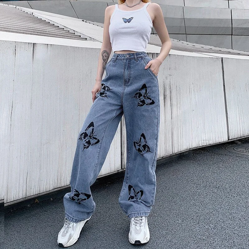 Woman's Fashionable Butterfly Print Jeans, Loose Casual Straight-leg High Waist Trousers, Daily Life Minimalist unclassified dresses