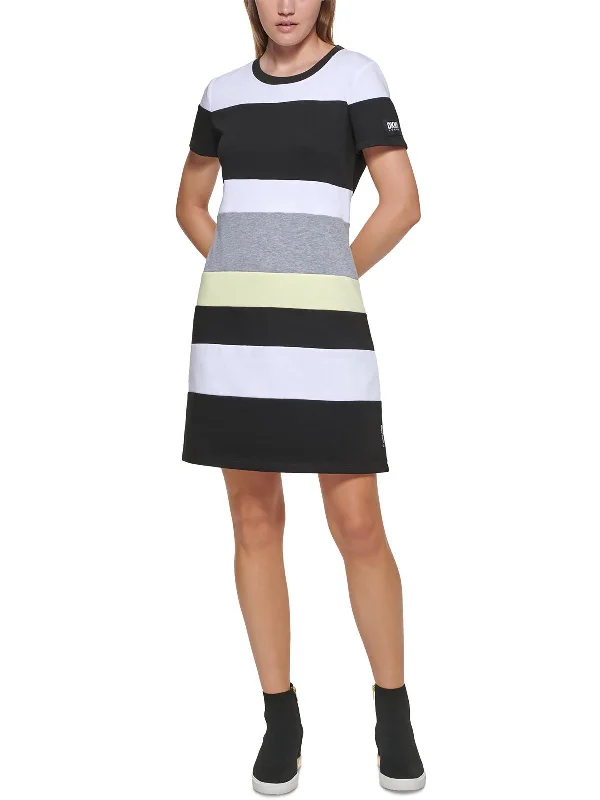 Womens Striped Short Sleeve Shirtdress Summer Mini Skirt