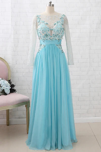 Aqua Blue Chiffon Cutout Back Appliques Long Bridesmaid Dress Comfortable Maxi Skirt