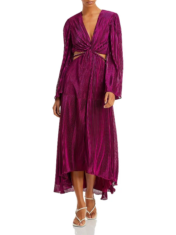 Kimberly Womens Satin Pleated Midi Dress Embroidered Midi Skirt