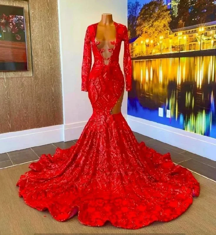 Red African American Prom Dresses Mermaid Sheer Long Sleeves Lace Black Girls Nigeria Robe De Soiree Evening Dress Gown Boho Lace Dress