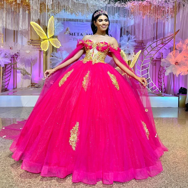 Red Shiny Off Shoulder Gold Appliques Ball Gowns Quinceanera Dresses Beaded Lace With Cape Vestidos De 15 Años Pink Lace Dress