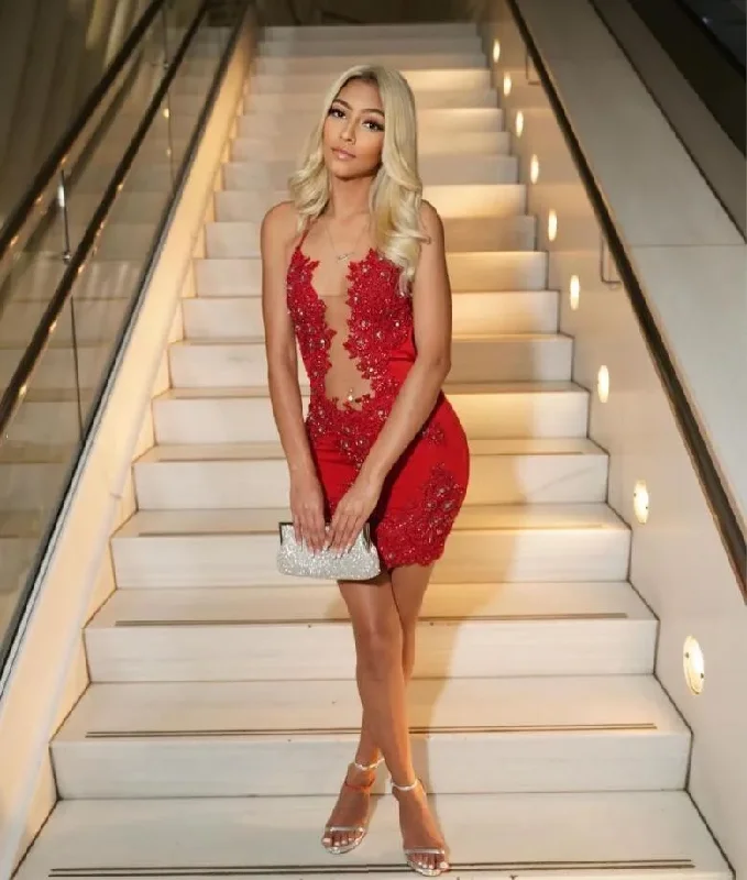 Red Short Evening Reception Dress for Women Crystal Lace Stain Birthday Gown vestidos para mujer elegantes y bonitos 2024 Elegant Lace Gown